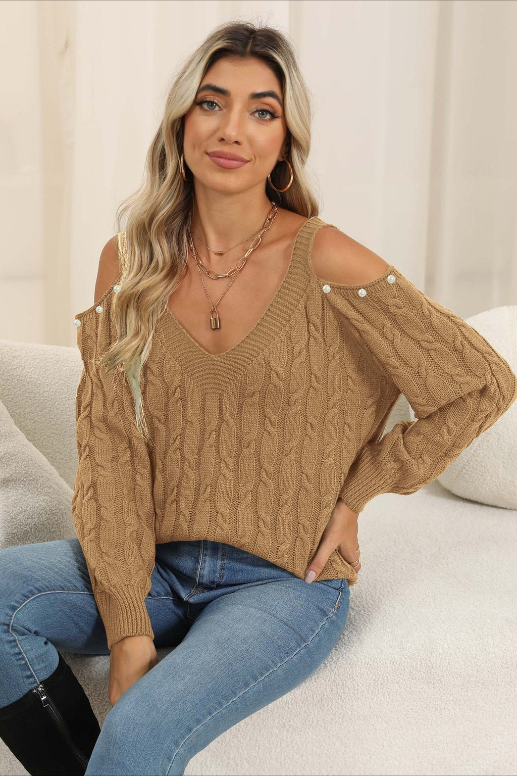 Deep V Off-Shoulder Loose Pullover Sweater