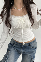 Lace Tie Ruched Bust Long Sleeve T-Shirt