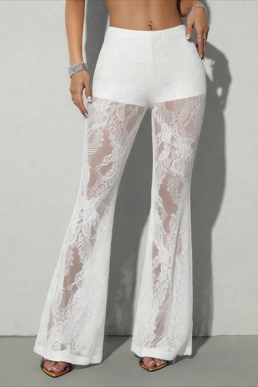 Lace Panel Flared Mesh Pants