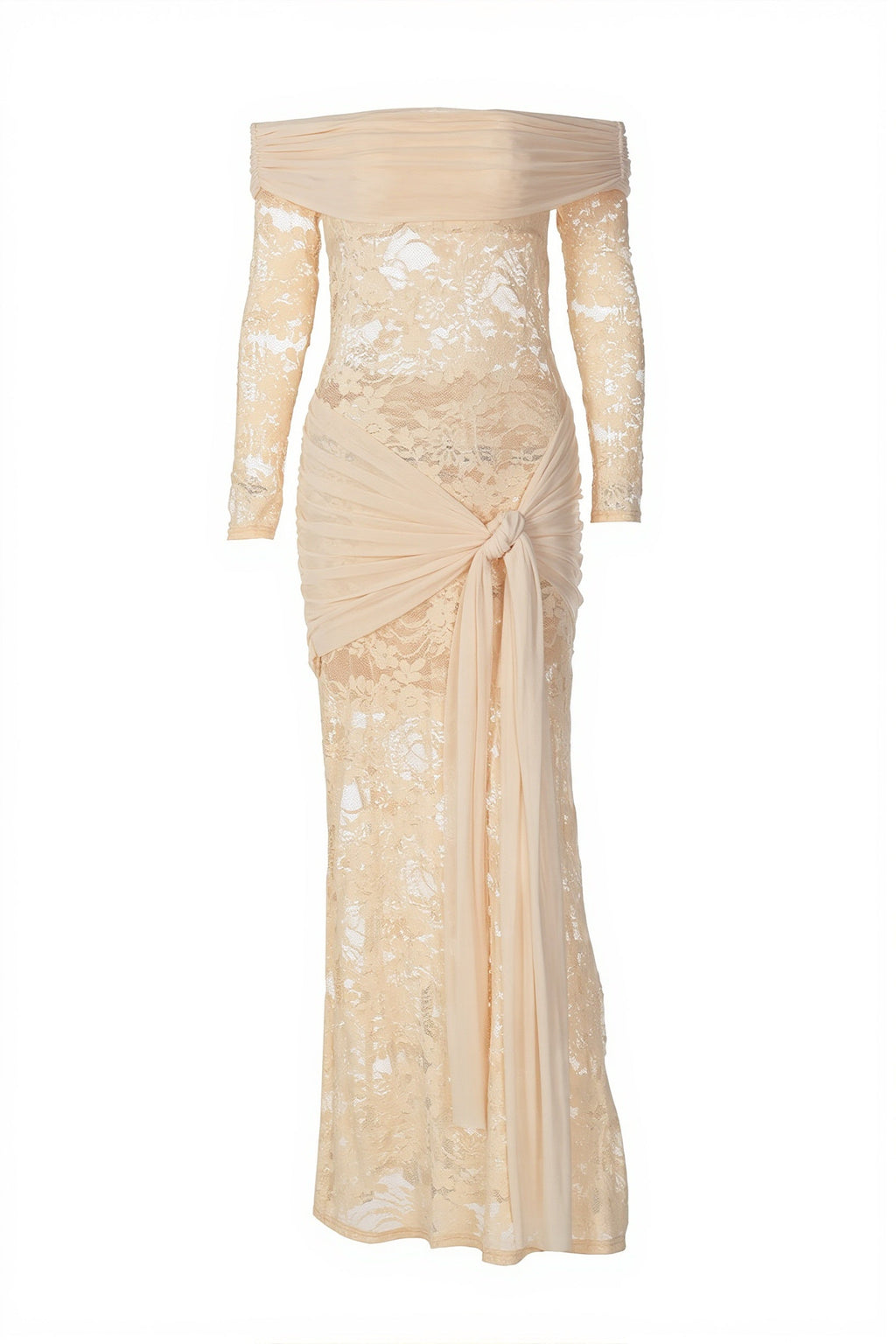 Lace Trim Off Shoulder Long Sleeve Wrap Maxi Dress