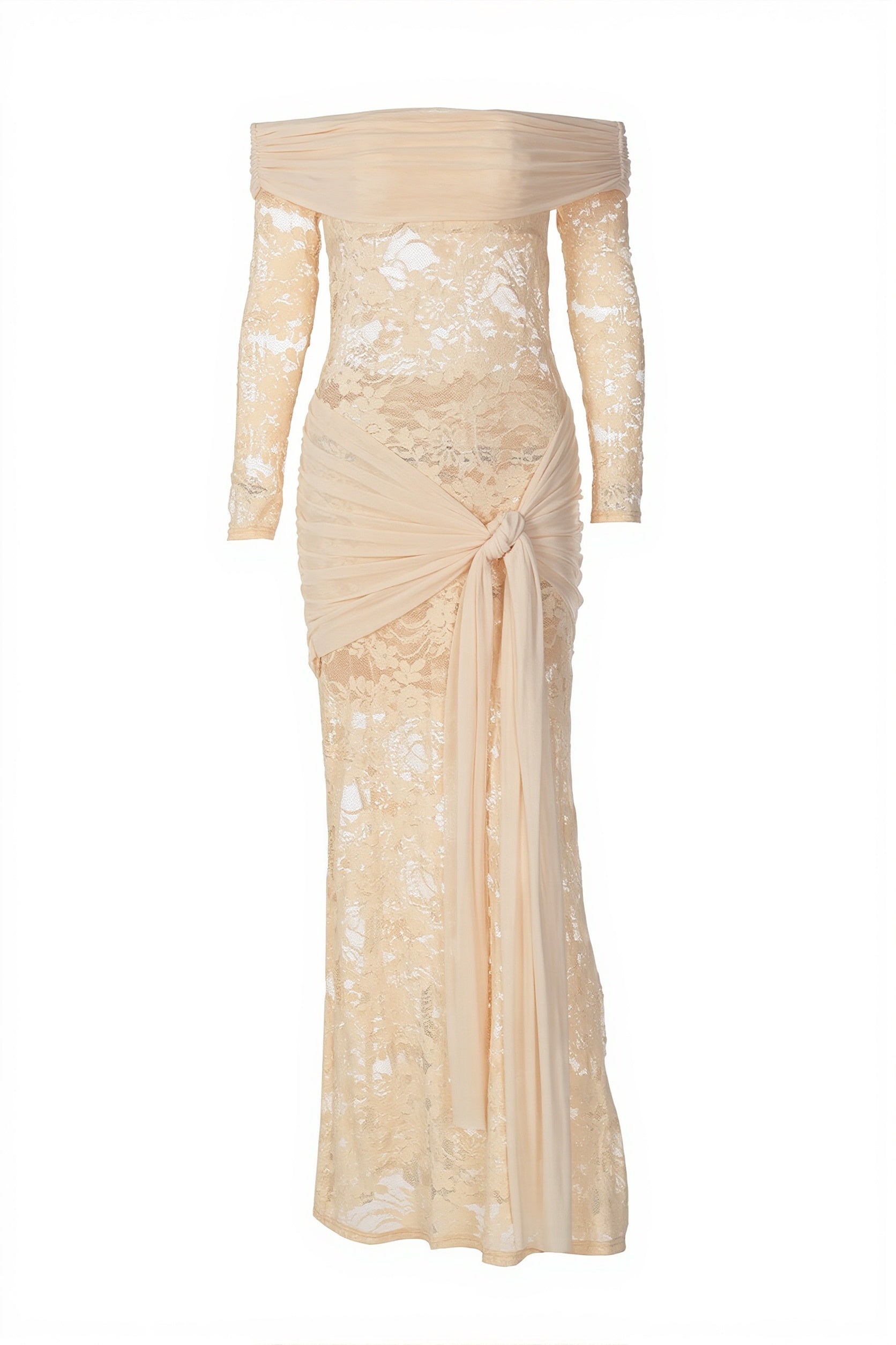 Lace Trim Off Shoulder Long Sleeve Wrap Maxi Dress