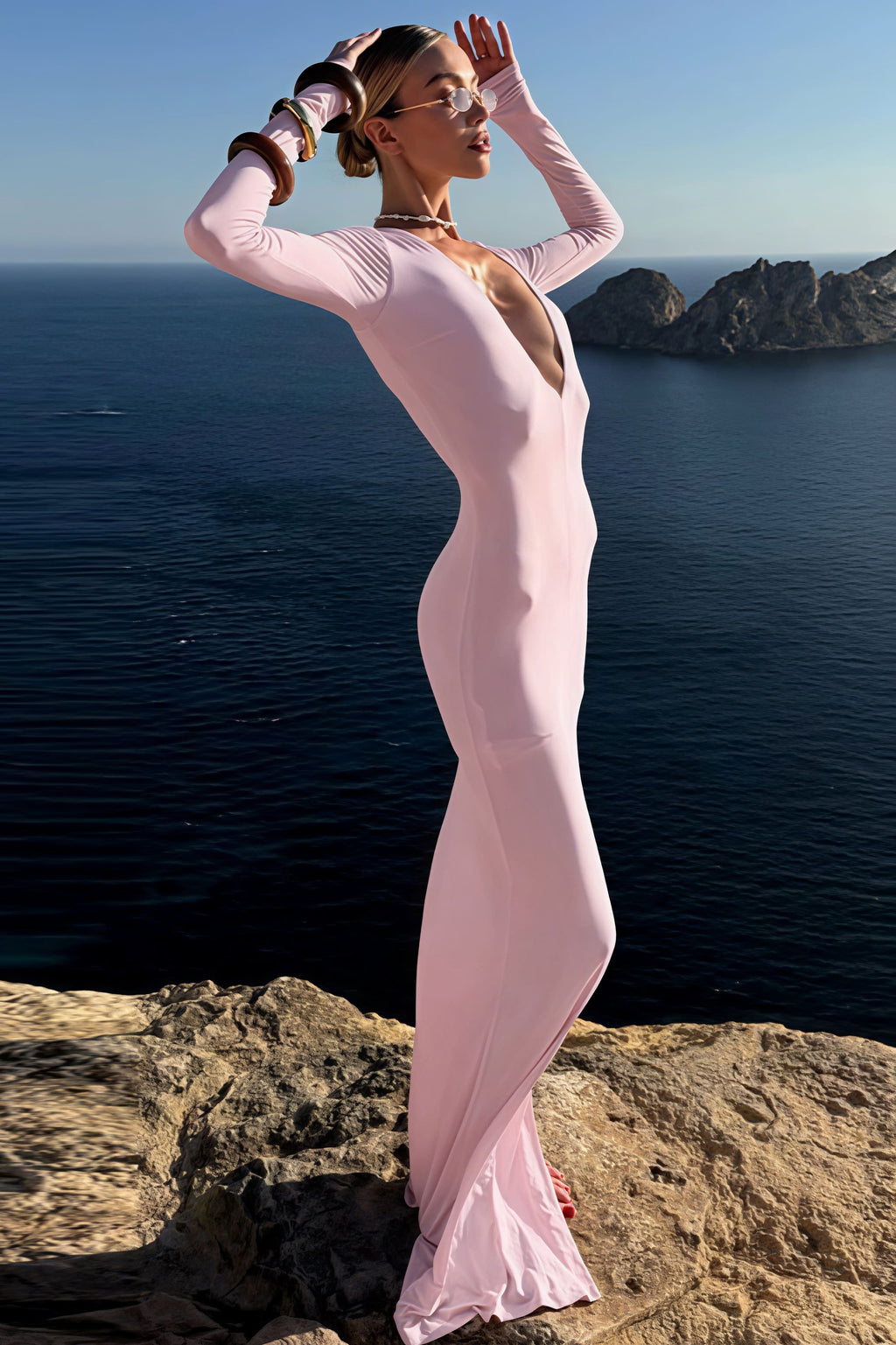 Elegant Deep V-Neck Long Sleeve Bodycon Maxi Dress