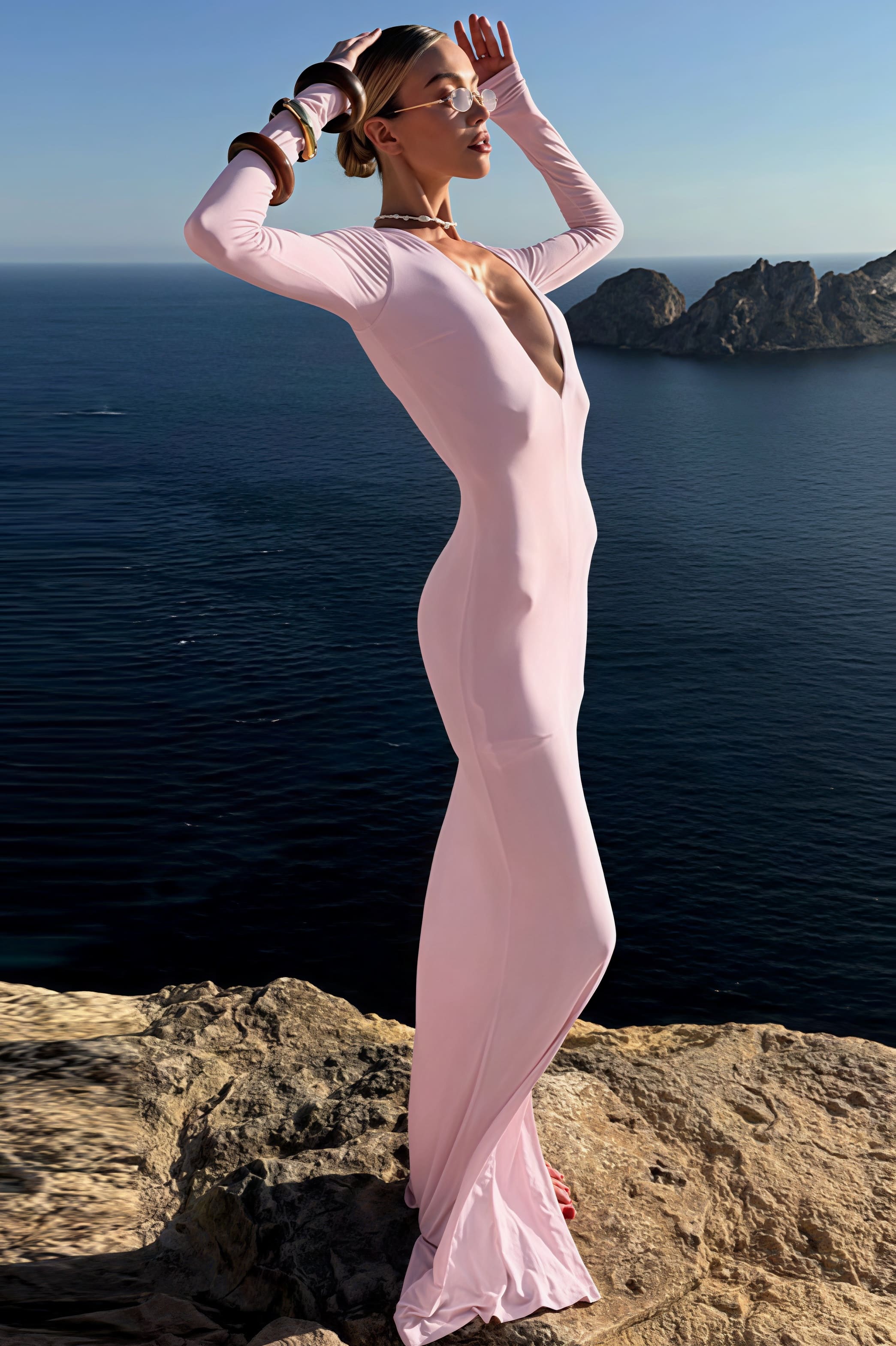 Elegant Deep V-Neck Long Sleeve Bodycon Maxi Dress