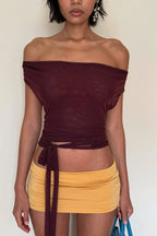 Burgundy Draped V Neck Cinched Crop Blouse