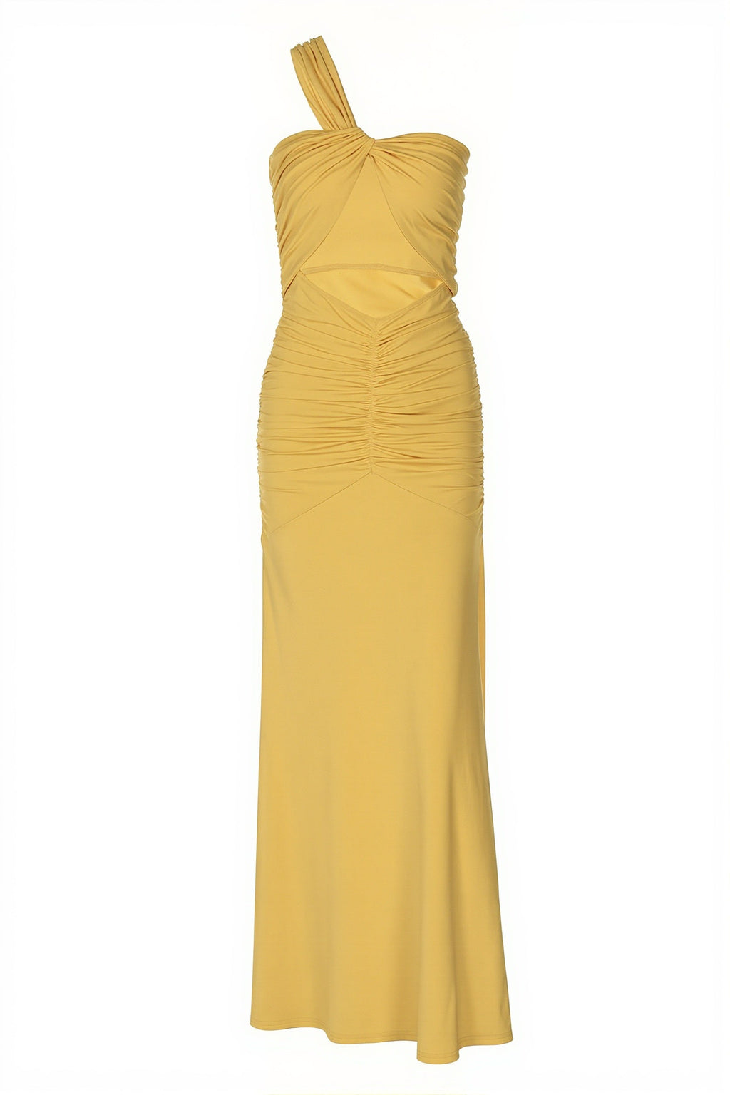 Solid One Shoulder Sheer Cutout Ruched Slim Maxi Dress