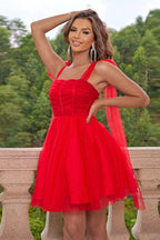 Off-The-Shoulder Mesh Lace-Up Cocktail Dress