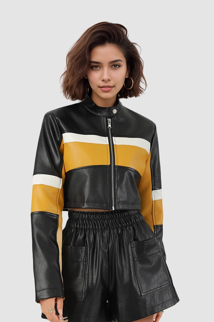 Colorblock Pu Cropped Jacket