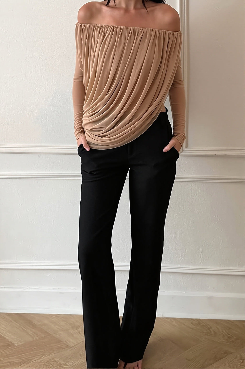 Off Shoulder Long Sleeve Ruched Strapless Blouse