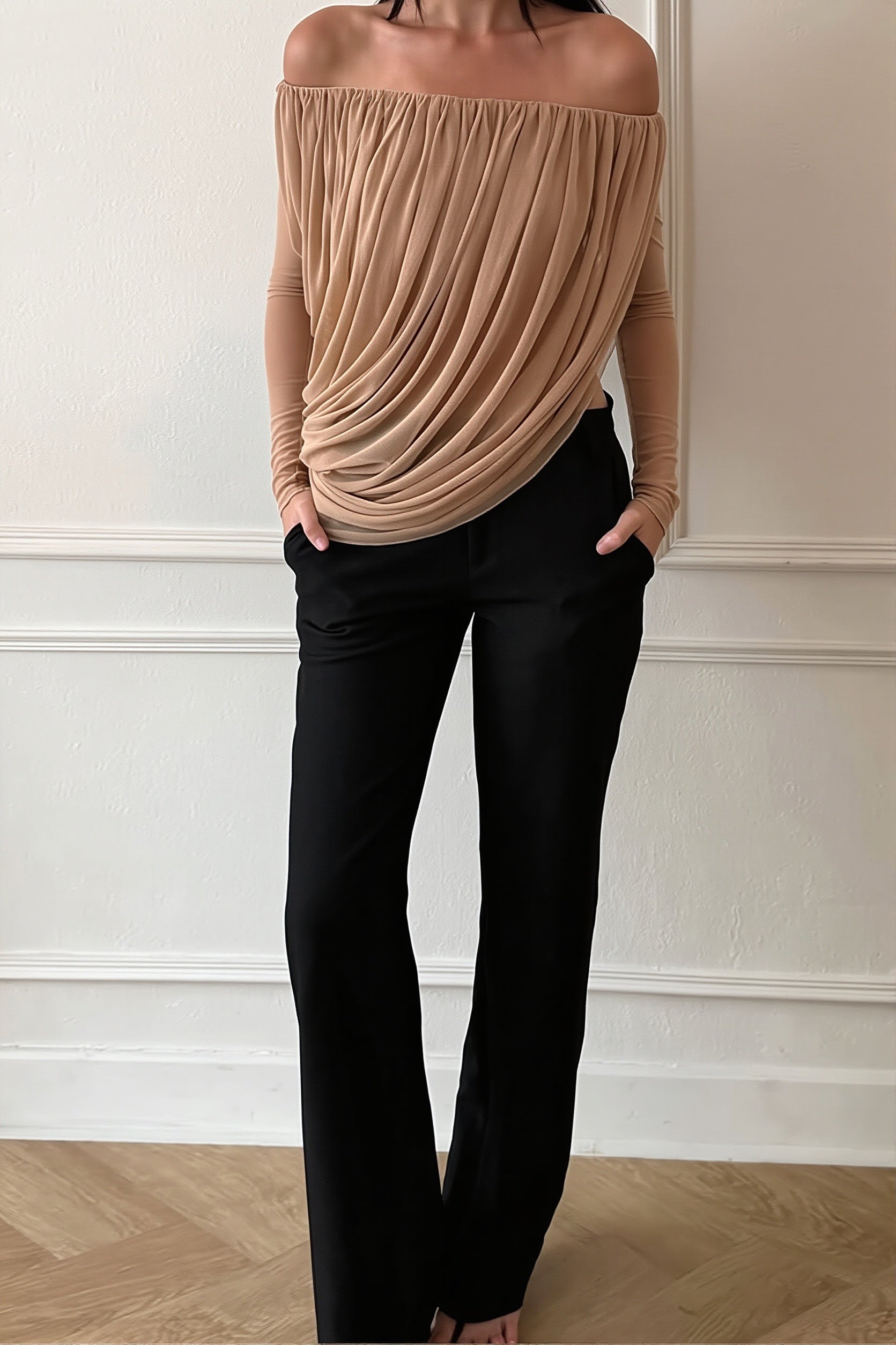 Off Shoulder Long Sleeve Ruched Strapless Blouse