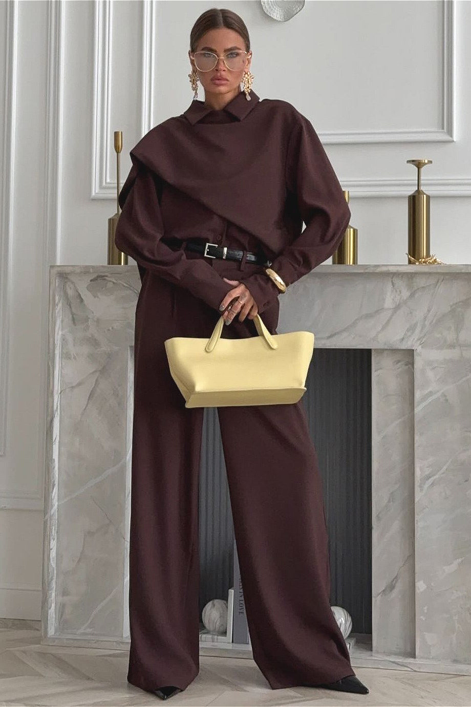 Vintage Lapel Scarf Top & Wide Leg Pants Two Piece Set