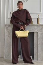 Vintage Lapel Scarf Top & Wide Leg Pants Two Piece Set