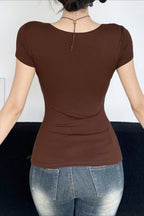Vintage Floral Embroidery Tie Waist V Neck T-Shirt