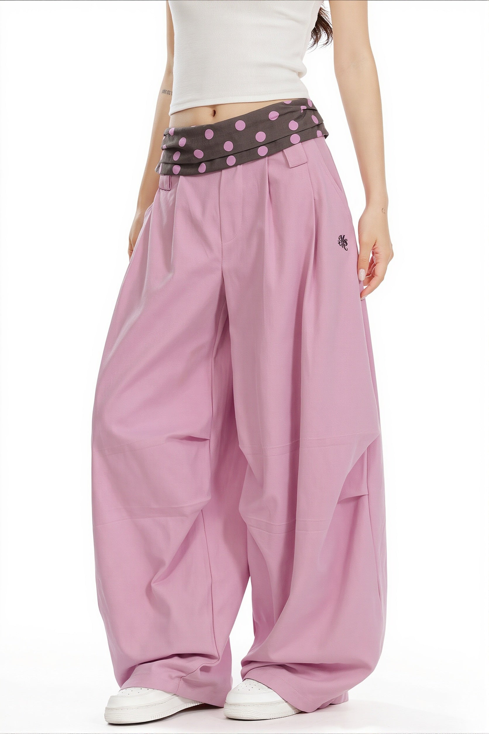 Splice Polka Dot Fold Waist Pants