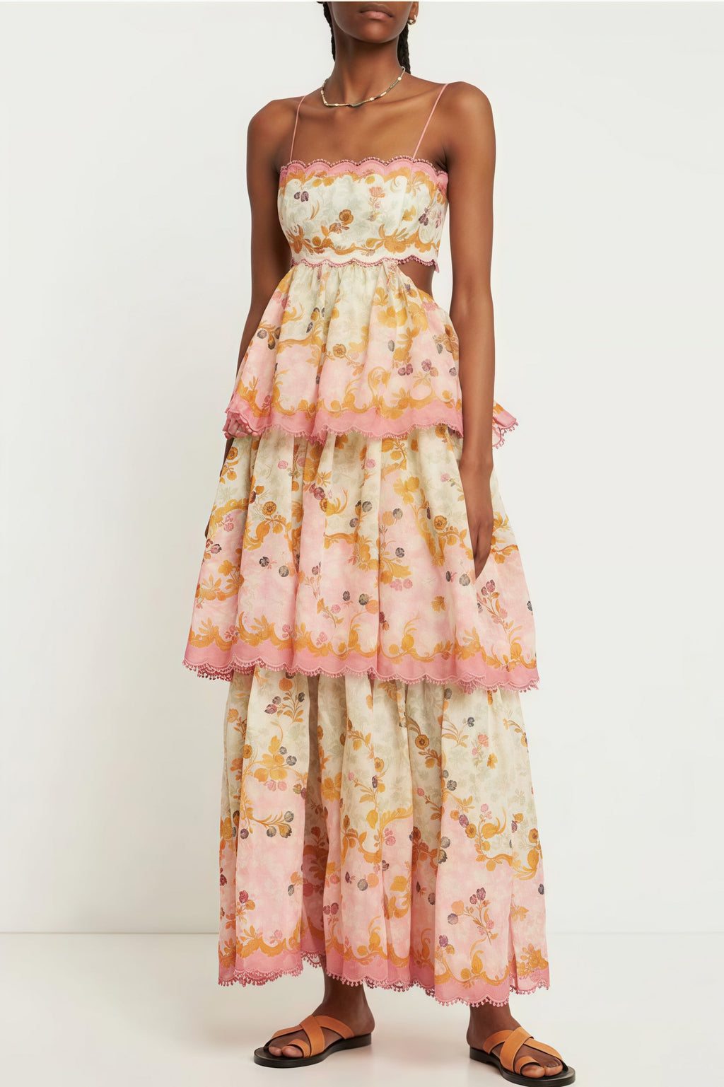 Tiered Spaghetti Strap Tassel Cutout Waist Embroidered Maxi Dress