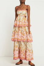 Tiered Spaghetti Strap Tassel Cutout Waist Embroidered Maxi Dress