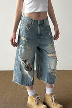 Retro Washed Ripped Whisker Cropped Jeans