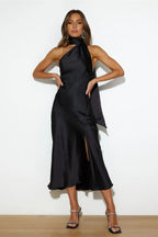 Satin Slit Hem Backless Midi Dress