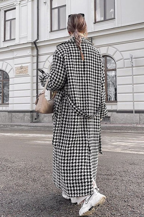 Houndstooth Long Trench Coat Elegant Overcoat