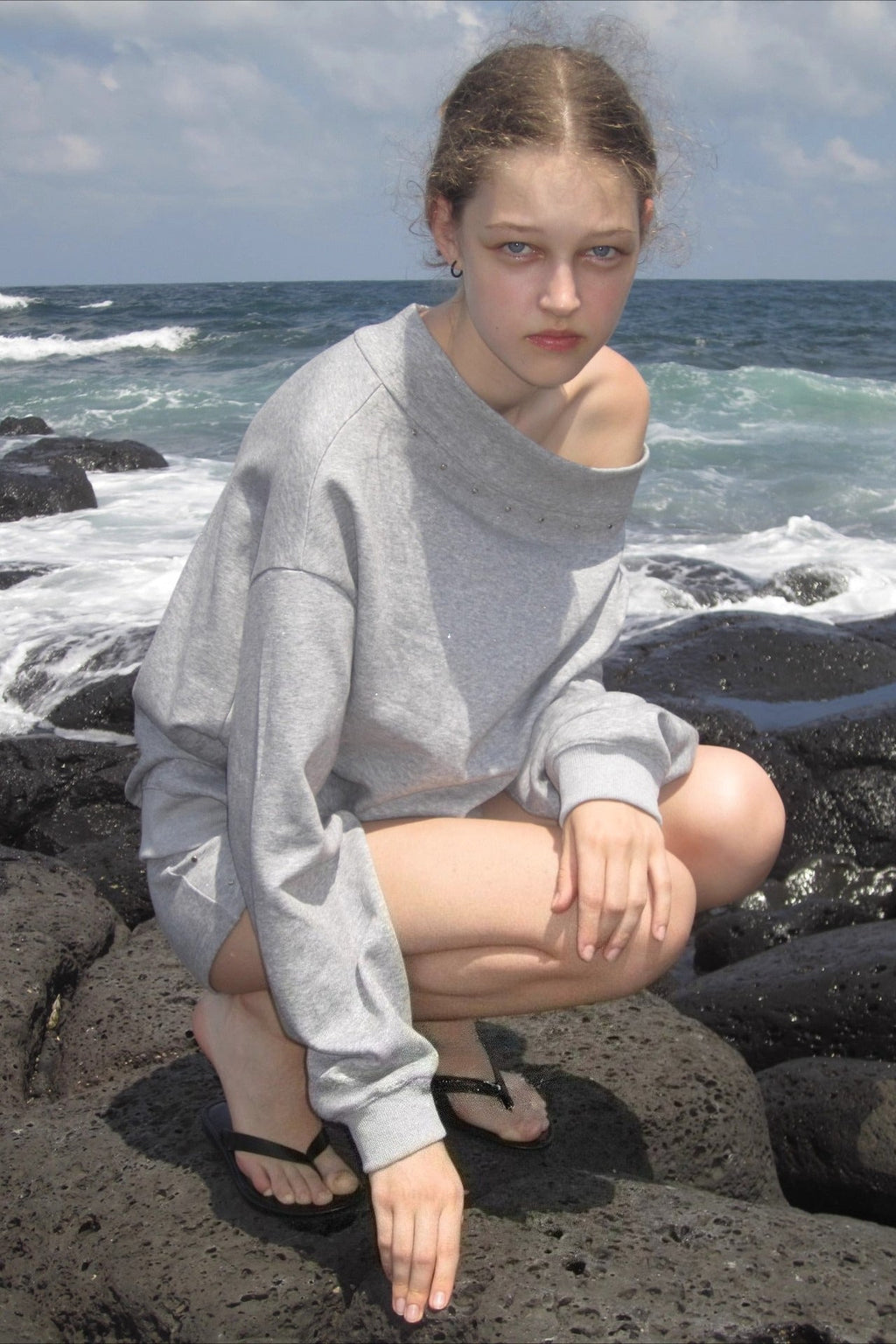 Studded Off Shoulder Long Sleeve Sweatshirt