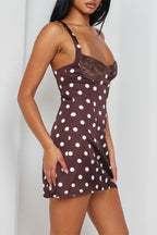 Polka Dot Spaghetti Strap V-Neck Ruffle A-Line Lace Mini Dress