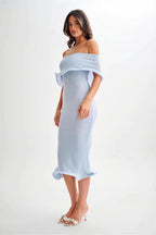 Ruffle Off Shoulder Knit Midi Dress