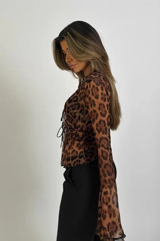 Leopard Print Sheer V-Neck Blouse