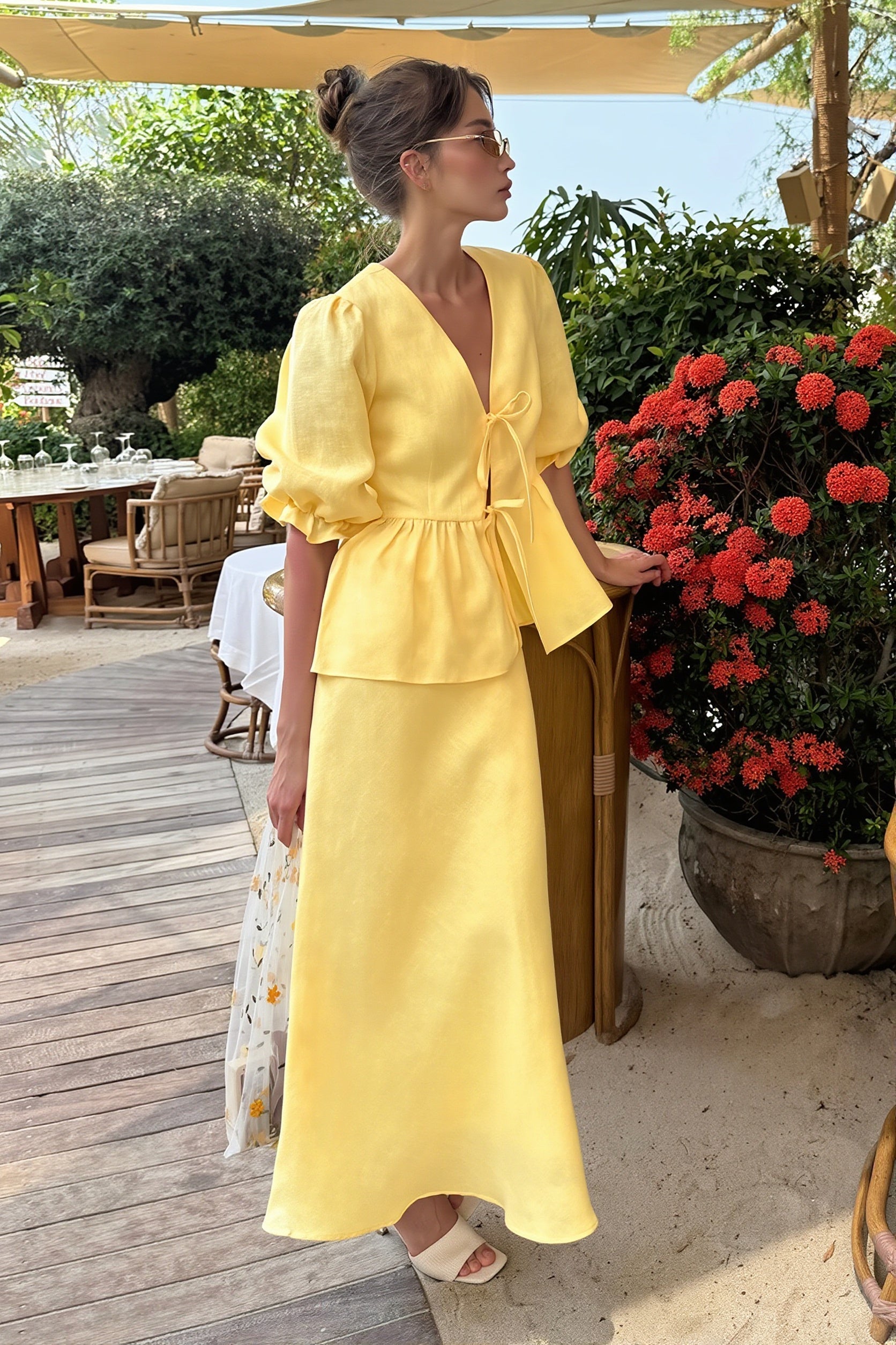 V Neck Short Sleeve Ruffle Hem Skirt Sets