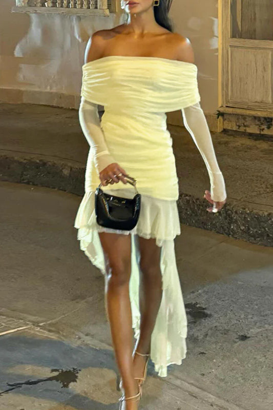 Fall Slim-Fit Pleated Off-Shoulder Party Dress