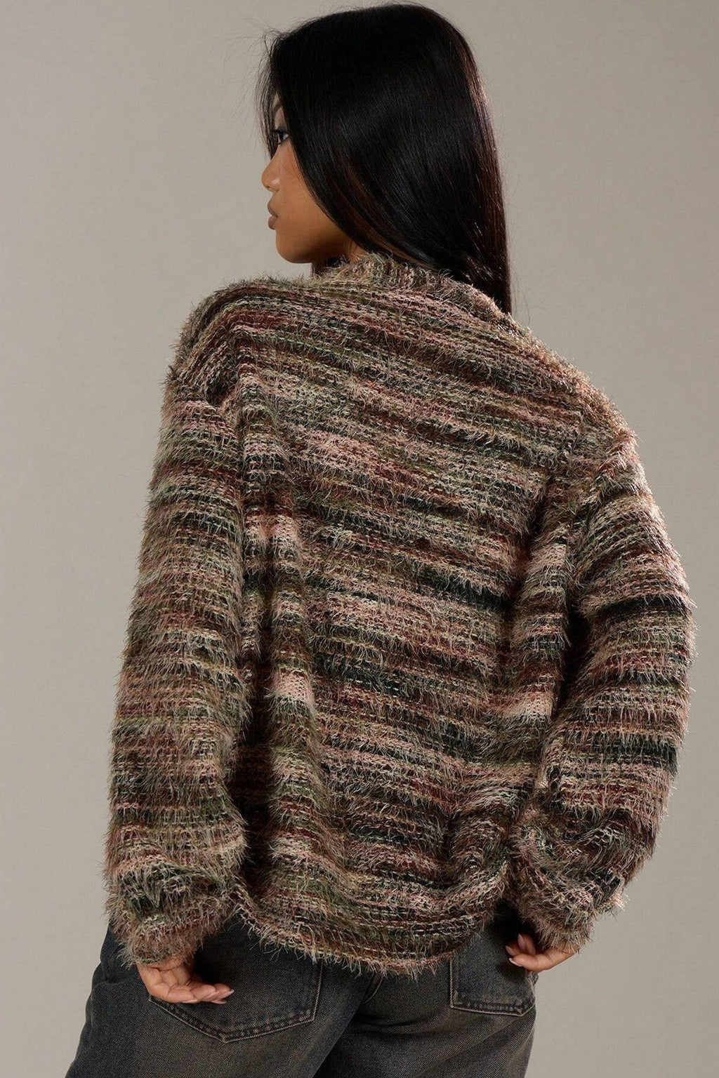 Retro Deep V-Neck Maillard Plush Long-Sleeve Knit Cardigan