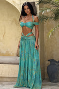 Dot Print Halter Cutout Bandeau Skirt Sets