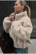 Stand Collar Faux Fur Cropped Jacket