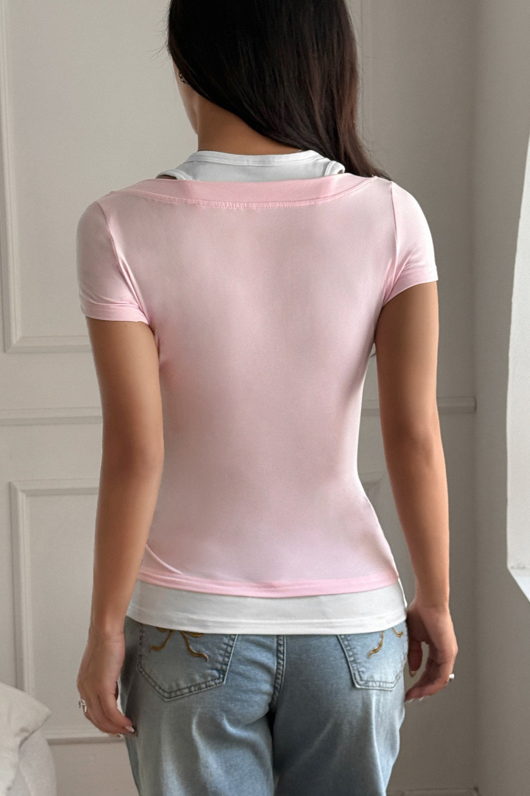 Color Block Fake Two Piece Cami Sleeve T‑Shirt