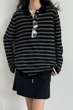 Soft Wool Striped Polo Collar Long Sleeve Tee