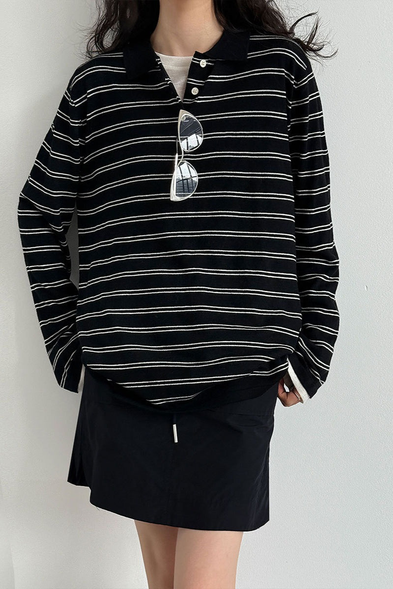 Soft Wool Striped Polo Collar Long Sleeve Tee