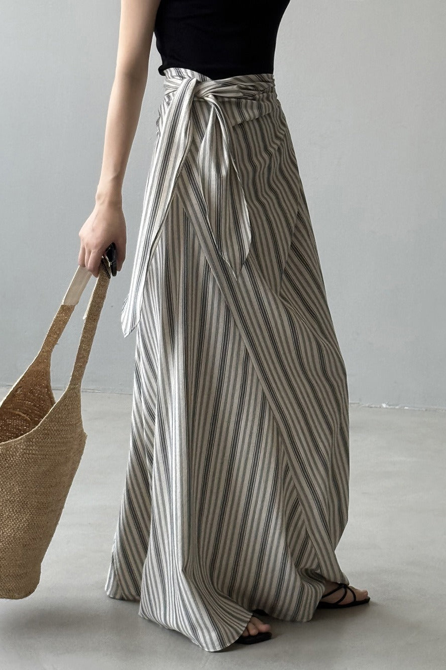 High Waist Striped Tie A Line Maxi Skirt