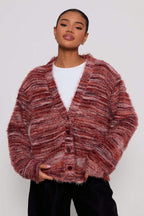 Retro Deep V-Neck Maillard Plush Long-Sleeve Knit Cardigan