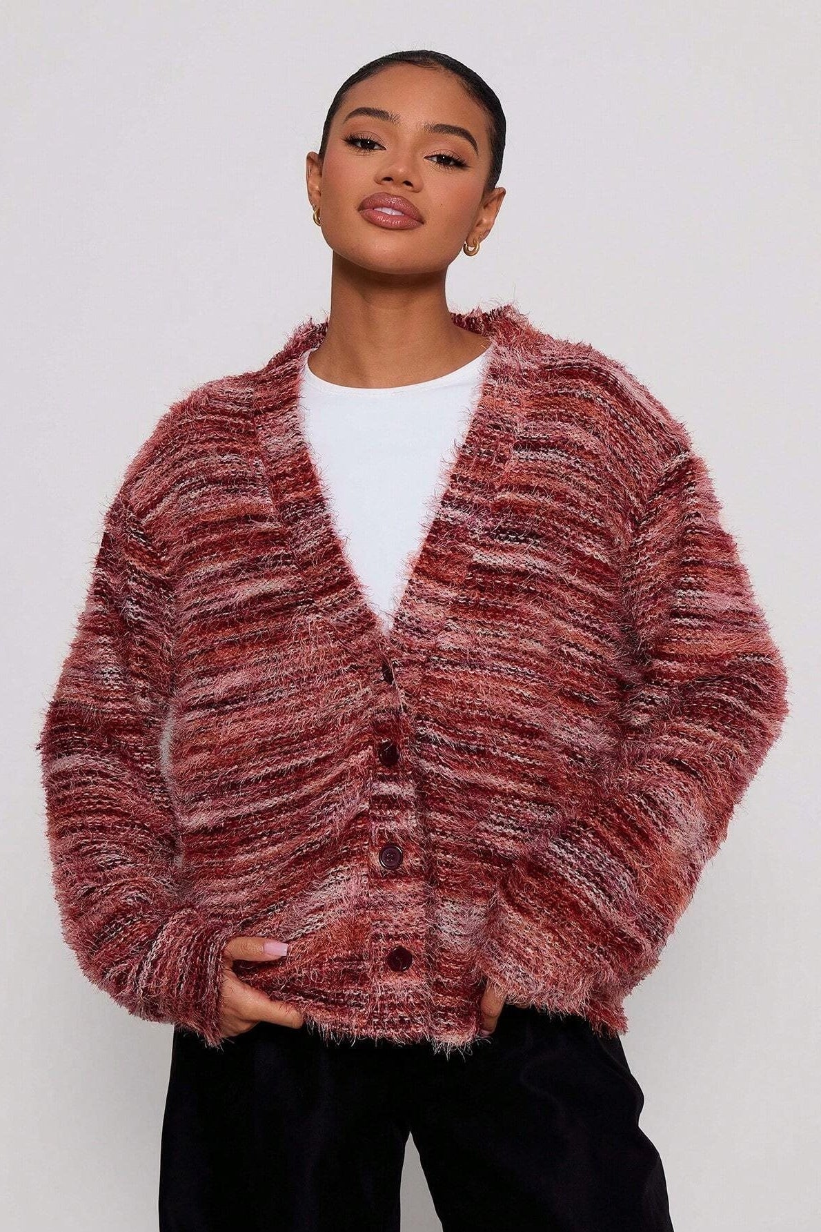 Retro Deep V-Neck Maillard Plush Long-Sleeve Knit Cardigan