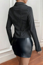 Lapel Buckle Flare Sleeve Long Blouse
