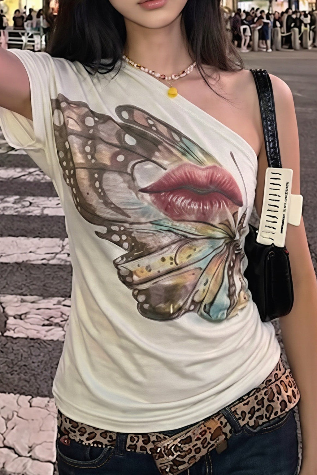 Butterfly Lips Print Off‑Shoulder T‑Shirt