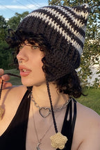 Fox Ears Color Block Striped Pom Knitted Hat