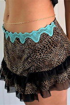Ruched Lace Color Block Leopard Skirt