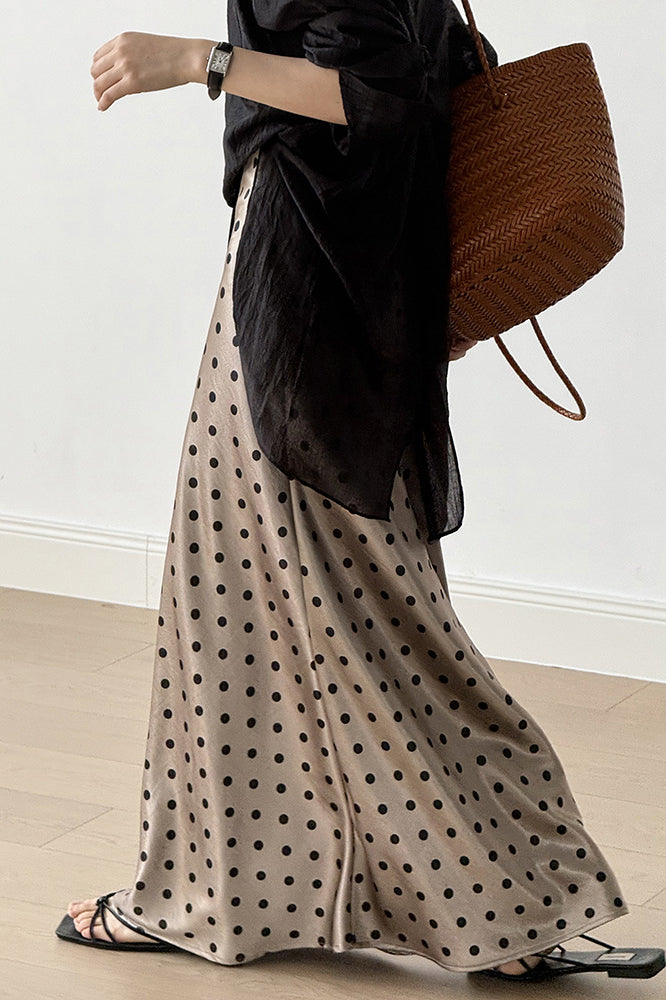 Vintage Polka Dot Satin High Waist A-Line Midi Skirt