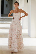 Lace Trim Print Tiered Ruffle Hem Cami Maxi Dress