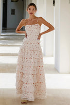 Lace Trim Print Tiered Ruffle Hem Cami Maxi Dress