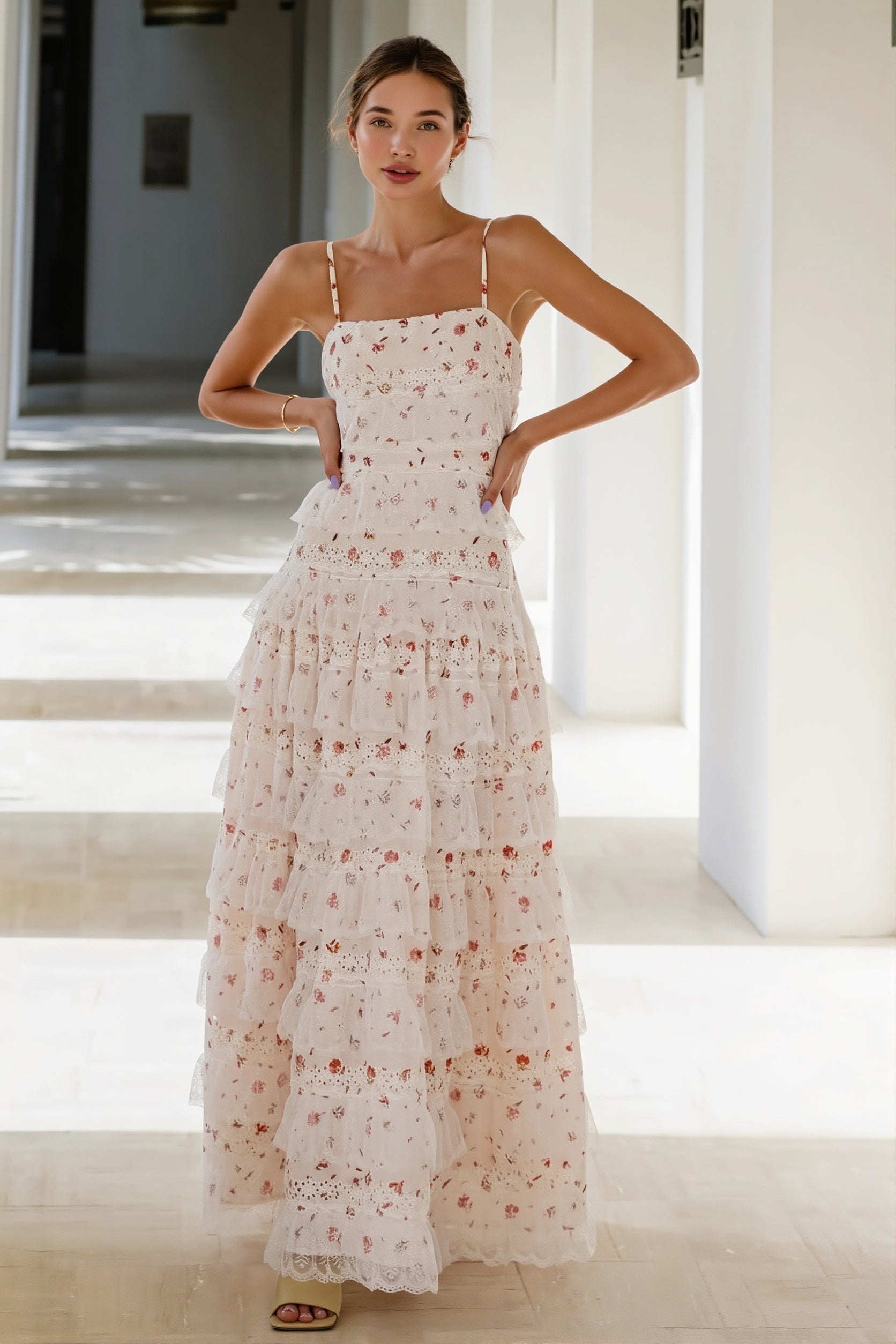 Lace Trim Print Tiered Ruffle Hem Cami Maxi Dress