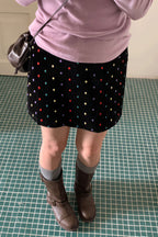 Embroidered Polka Dot Velvet Skirt