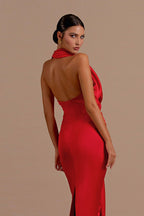 Backless Halter Satin Prom Dress