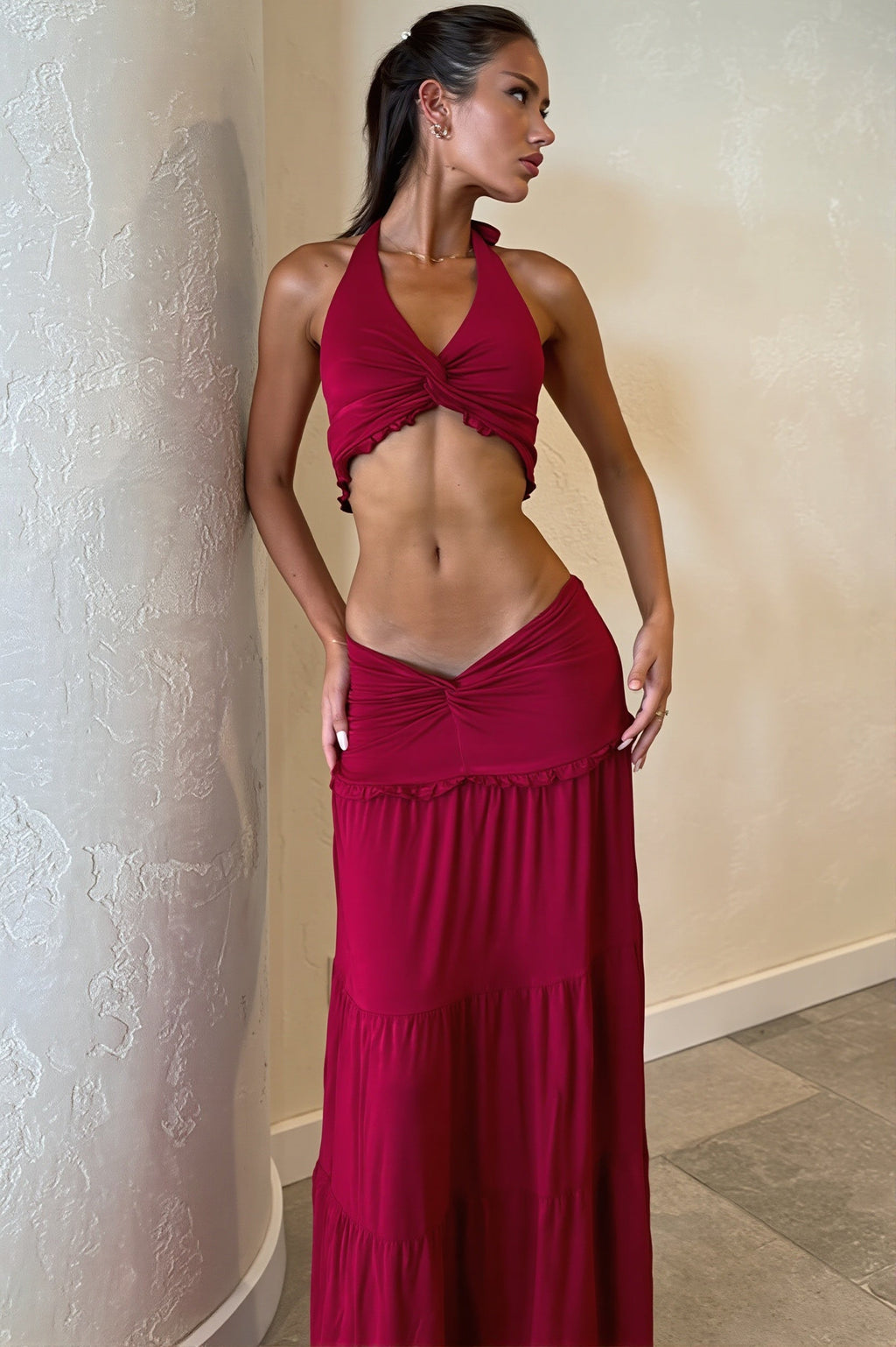 Pleated Halter Neck Crop Top Skirt Sets