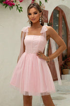 Off-The-Shoulder Mesh Lace-Up Cocktail Dress