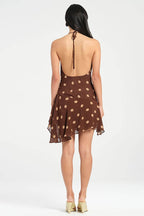 Polka Dot Chiffon Halter Deep V Slit Backless Mini Dress